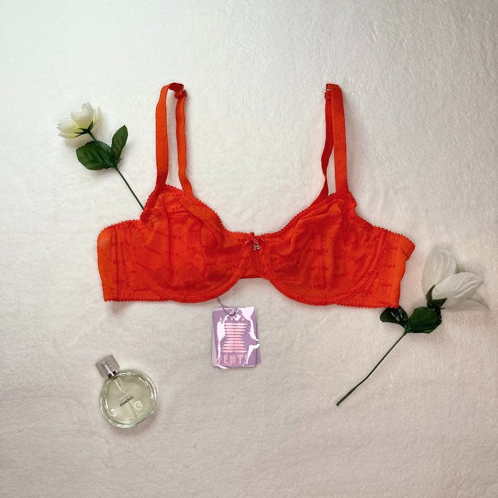 NWT Savage X Fenty Flocked Logo Unlined Bra Red Orange